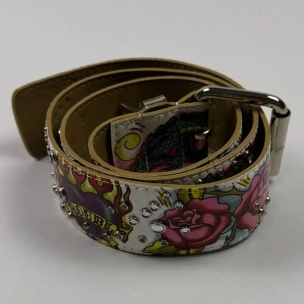 Ed Hardy Style Tattoo-Inspired Graphic Belt Colorful Rhinestone Accents 38.5